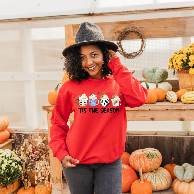 Tis The Season Screen Print Heat Transfer, colorful holiday-themed design featuring festive mugs with smiling faces.