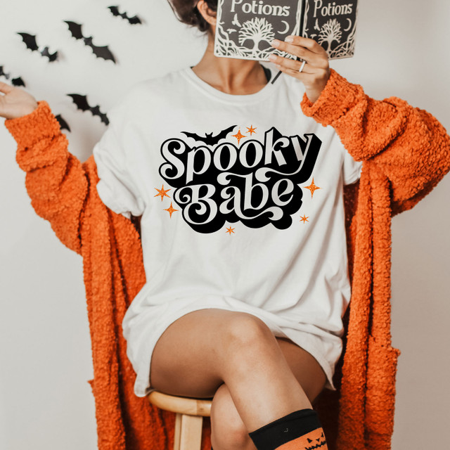 Spooky Babe Orange Glitter Stars Screen Print Heat Transfer