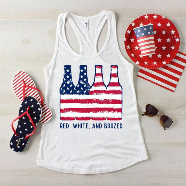 Red White & Boozed Beer Can Sublimation Transfer, patriotic themed tank top with American flag design and text 'Red, White, and Boozed' surrounded by American flag-themed accessories.