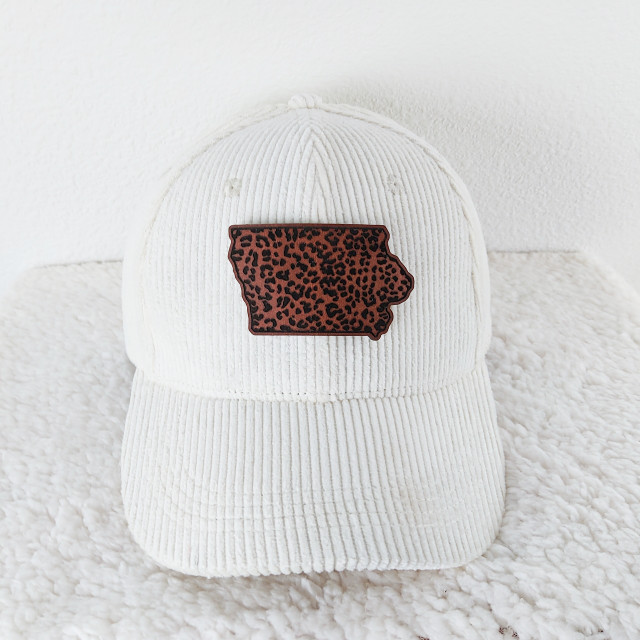 Leopard State Leather Patch YOU CHOOSE STATE, white corduroy baseball cap with leopard print leather patch of state outline.