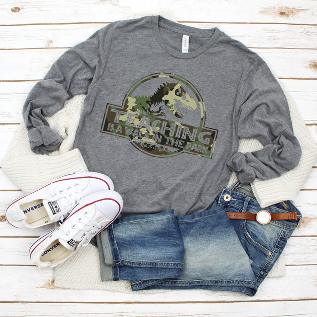Teaching Is A Walk In The Park DTF Transfer, gray sweatshirt with dinosaur graphic and text design
