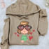 Hubba Hubba DTF Heat Transfer, illustrated girl with glasses and hearts on a hoodie