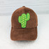 Chenille Cactus Embroidered Patch, green cactus embroidery patch sewn onto a brown corduroy baseball cap.