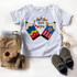 Ready for a SUPER year back to school Sublimation Transfer, with a graphic of superhero arms on a gray t-shirt surrounded by children's clothing and accessories.