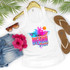 Beach Babe DTF Heat Transfer, colorful and tropical sunset design with palm trees on a white tank top surrounded by sunglasses, denim shorts, pink hibiscus flowers, and flip-flops, perfect for summer beach wear.