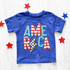 America Checkered Lightning Bolt DTF Heat Transfer, vibrant blue t-shirt with patriotic checkered lightning bolt and star pattern design for American themed apparel.