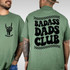 Badass Dad Skeleton Hand DTF Heat Transfer, black graphic design on green T-shirts for fathers and motorcycle enthusiasts.