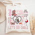ST Songs DTF Heat Transfer, Pink and black printed tote bag with hearts, cowboy boots, a horse rider, wine glass, and text design.