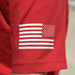Reverse Flag HAT/POCKET White Screen Print Heat Transfer on Red T-shirt, American flag design with white stripes and stars.