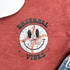 Baseball Vibes Distressed POCKET Screen Print Heat Transfer, featuring a smiling baseball graphic with stitched detail and the words 'Baseball Vibes' in bold black letters.