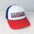 MAMA Baseball Embroidered Patch, red, white, and blue baseball cap with embroidery stating 'MAMA' surrounded by baseball stitches design.