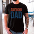 American Dad Checkered DTF Heat Transfer, black T-shirt with American Dad text in red and blue checkered pattern.