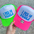 Product I Pee In Pools Hat/Pocket Neon Blue Screen Print Heat Transfer, colorful neon trucker hats with the phrase 'I PEE IN POOLS' in blue screen print design.