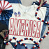 America PUFF Screen Print Heat Transfer, patriotic-themed clothing and accessories with an American flag design and red, white, and blue colors.