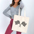 Racing Flags DTF Heat Transfer, a black and white checkered flag design on a canvas tote bag.