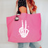 Skellie Peace Sign WHITE DTF Heat Transfer, white skeleton hand making peace sign on pink tote bag.