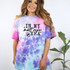In My Matt Rife Era DTF Heat Transfer, a colorful tie-dye T-shirt with the phrase 'In My Matt Rife Era' and a disco ball graphic worn by a smiling woman.