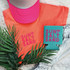 Sun Salt Sand Neon Pink Pocket Screen Print Heat Transfer, vibrant neon pink and teal green design with a palm tree graphic.