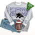 Product Panthers *CUSTOM COLOR OPTIONS* DTF Heat Transfer, gray sweatshirt with purple and black Panthers logo, paired with blue jeans and decorated with a football and green pom-pom.