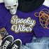 Spooky Vibes Sequins and Chenille Patch, decorative patch with bold white text outlined in gold and black sequins, on purple fabric background.