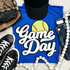 Softball White Game Day Chenille Patch, embroidered white chenille patch featuring a yellow softball with red stitching and the text 'Game Day' in white with black border.