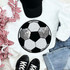 Sequins Soccer Patch Chenille Patch, decorative soccer ball patch with black, white, and silver sequins, on a flat lay of casual apparel and accessories including jeans, sneakers, a baseball cap, and a striped ribbon.