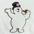 Frosty Chenille Patch, playful snowman embroidered patch with a top hat, pink flower, and a drink, outlined with gold trim.