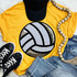 Sequins Volleyball Patch Chenille Patch, a close-up of a circular patch featuring a stylized volleyball design made of black and white sequins, embroidered onto a yellow T-shirt.
