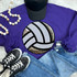 Sequins Volleyball Patch Chenille Patch, a round patch with black and white sequined volleyball design on purple clothing.