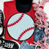 Sequins Baseball Patch, sparkly round embroidery patch with red baseball seams on a white background, displayed with casual clothing and accessories.