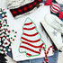 Snack Cake Chenille Patch, Christmas-themed chenille patch shaped like a striped Christmas tree with red and white colors and green outline.