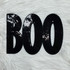 Black BOO Sequin Patch, shiny black embroidered patch with sequins spelling 'BOO' for decorating clothing or accessories.