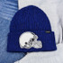 WHITE Football Helmet Hat/Pocket Chenille Patch, blue knit beanie with football helmet patch embroidery.
