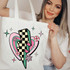 Retro Christmas Lightning Bolt DTF Heat Transfer, colorful cartoon lightning bolt with checkered pattern, hearts, snowflakes, and sparkling stars for holiday-themed apparel or accessories.