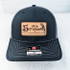 It's 5 o'clock Somewhere Parrot Leather Hat Patch, a black baseball cap featuring a leather patch with text and a parrot illustration.