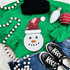 Sequin Snowman Patch, Christmas-themed decorative sequin embellishment featuring a snowman's face with a Santa hat on a green fabric background.