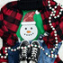 Sequin Snowman Patch, holiday winter clothing decoration with snowman face featuring a red sequined hat and orange carrot nose on a green shirt surrounded by a red plaid shirt, blue jeans, black sneakers, and Christmas bead garland.