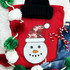 Sequin Snowman Patch, festive holiday decorated clothing with a snowman face made of sequins, wearing a Christmas hat, surrounded by holiday decorations.