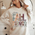 All The Fall Things Or Whatever DTF Heat Transfer, Halloween-themed sweatshirt with skeletons and pumpkin illustration.