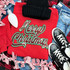 Red Sequin Merry Christmas Chenille Patch, embroidered Christmas greeting patch on red sweatshirt with Christmas shoes and accessories.