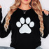 Dog Paw White Chenille Patch, white chenille dog paw print patch on black sweatshirt.