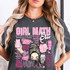 Girl Math Era DTF Heat Transfer, pink and black graphic t-shirt design featuring a girl with a bun hairstyle, shopping bags, Starbucks drink, and various text elements about girl math and shopping.