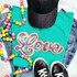 RAINBOW LOVE Sequin Patch, colorful embroidered patch spelling 'Love' with rainbow-colored sequins on a teal T-shirt.