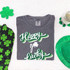 Happy Go Lucky DTF Heat Transfer, green and white St. Patrick's Day themed design on a gray T-shirt.