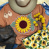 Sunflower Chenille Patch, colorful embroidered sunflower patch with green leaves on brown t-shirt.