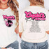 Cupid's World Tour Dates DTF Heat Transfer, front and back view of a white t-shirt with pink and black graphic design and list of international cities for a tour.