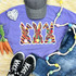 TRIPLE Bunny Chenille Patch, colorful embroidered bunny patch design on purple T-shirt