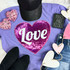 Large HOT PINK LOVE Sequin Patch, a large pink sequined heart patch with the word 'Love' written in white, placed on a purple fabric background surrounded by pink and white heart decorations, black boots, a black glittery cap, a pair of denim shorts, and a small black sign with white text 'Hugs and Kisses'.