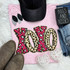 Leopard XOXO Chenille Sequin Patch, colorful leopard print letter patch on pink fabric with accessories and shoes.