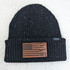 Gun American Flag Leather Hat Patch, black knitted beanie cap with a brown leather patch featuring a American flag and guns design.